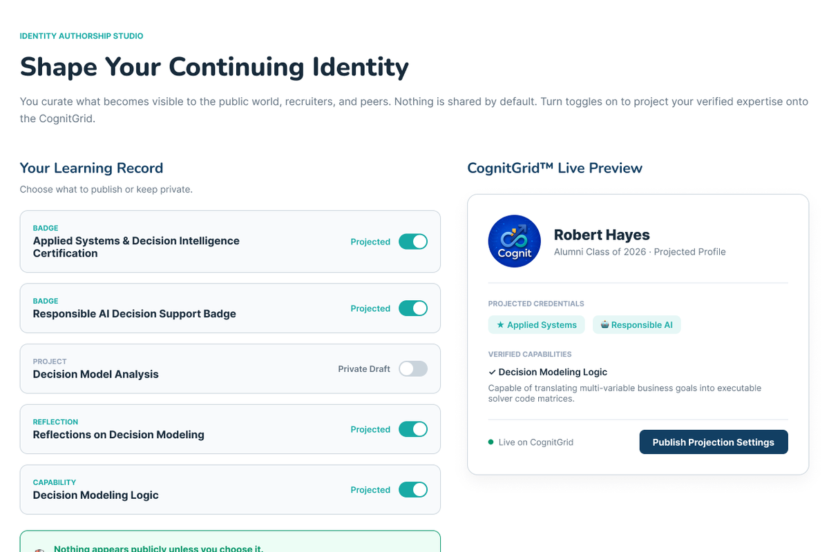 Cognit Academia interface showing a learner selecting credentials, evidence, and capabilities for a continuing professional identity